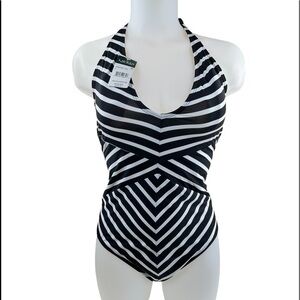 Lauren Ralph Lauren Black and White Striped Halter One Piece Swimsuit